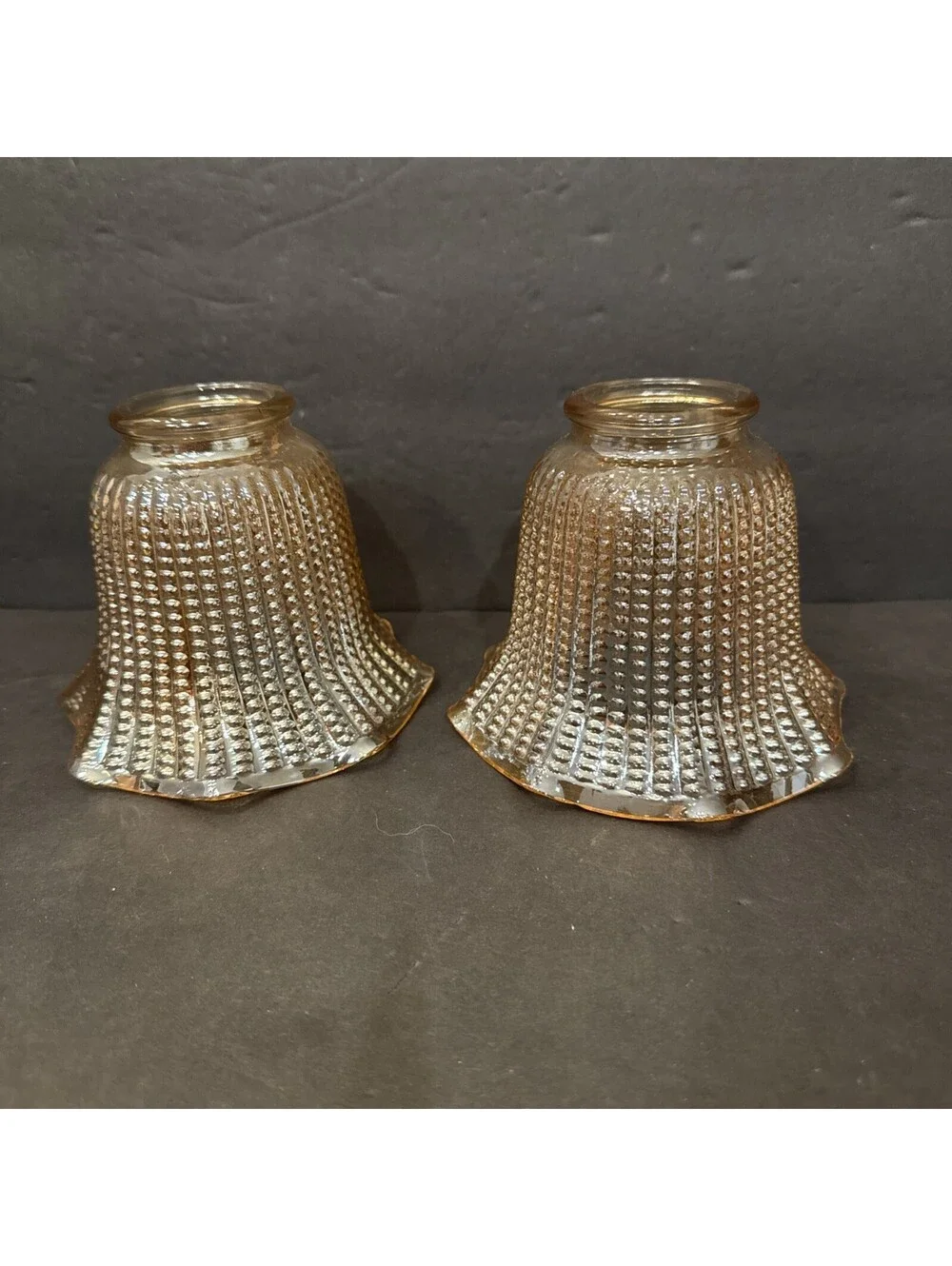 Vintage (2) Amber Hobnail Iridescent Glass Lamp Shades Ruffled Fluted 2” Fitter